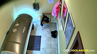 Czech Solarium 68: Shaved Pussy Spread Wide, Loving the Attention