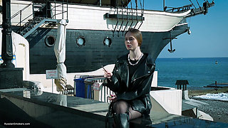 Young Russian Woman Smoking Cigarette Outdoor Terrace
