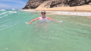 Girl Wetting Jeans in the Ocean and Swimming in Wet White T-shirt