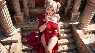 Blonde Goddess in Red! Forbidden Gaze in the Ancient Corridor, Deep V & High Slit teasing you.