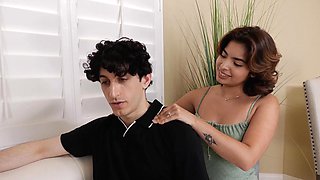 Nick strokes Hazel's tight Latina pussy in a steamy threesome