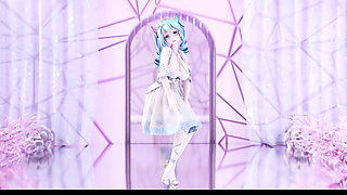 [mmd] Miku-queencard Elegant White Silk Dress Striptease with Big Breasts
