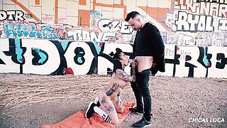 Inked fake-tit doll Yemaya Gonzalez swallows cum after hard sex