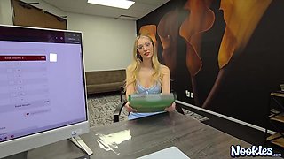 Blonde Glasses-Wearing Sky Pierce Gets Pounded Hard on the Black Leather Couch