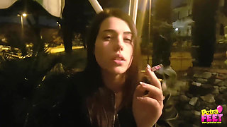 Smoking and foot fetish in outdoor with cute teen