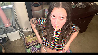 Horny Brunette Smoking and Riding Dildo