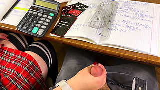 High Schoolgirl Stroking Him off in Math Class Under the Table. at College