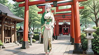 Silver-Haired Shrine Maiden Secrets! Languidly reclining in a red corridor, her bare shoulders and lush thighs exposed.