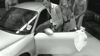 Classic Vanessa and Stacey Fuck 3 Guys Over the Car