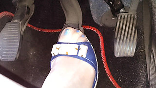 Driving and Revvig in Blue Wedges on My Hosed Feet