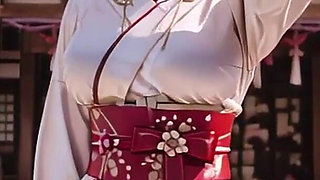 Blonde Kimono Girl's Shrine Secret! Kneeling Under the Torii Gate in a Beige Modified Kimono