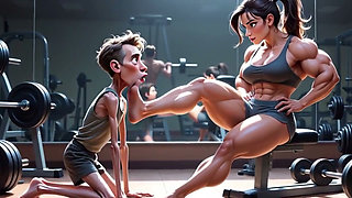 Muscular Woman Humiliates Skinny Man - Foot Worship Domination