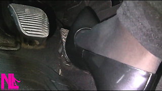 Revving and Driving in Black Pantyhose and Grey High Heels