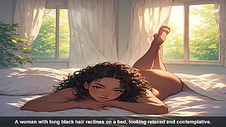 A woman with long black hair reclines on a bed, looking relaxed and contemplative.