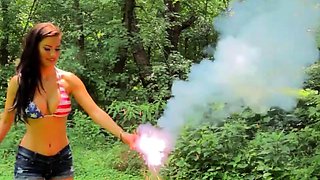 Busty curly brunette with big boobs fucks on couch