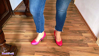 Pink Heels on Wood - Seductive Clicking and Jeans Tease Asmr