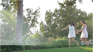 Two Young & Hot College Lesbians Outdoors Running Wild And Love Each Other