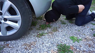 Femdom chick wants to punish him outdoor