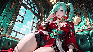 Green-haired warrior in a black-red battle robe, commanding yet shy on the floating terrace.