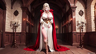 Languid Reading in a Gothic Library, White Robe and Red Cape, Hand Resting Gracefully with Half-closed Eyes.