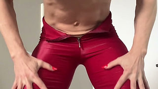 Sculpted Blonde Mommy Unzips Red Latex Pants Topless