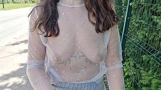 I Walk Around the City in a Transparent T-shirt and Flash My Breasts Outdoor