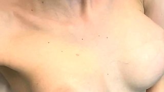 Busty curly brunette with big boobs fucks on couch