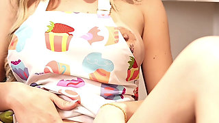 Horny beautiful maid shoves a thick cucumber into her tight pussy in her boss's kitchen