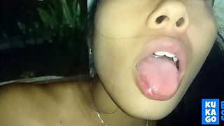 Tiny-titted Asian babe plays with herself outdoors