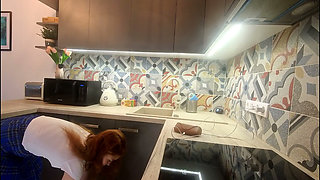 The Juggler Girl Is Here in a Long College Type Uniform Skirt to Flash Her Panties Under Her Miniskirt in the Kitchen