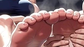 Old Woman Licking Muscular Womans Feet in Gym - Humiliation