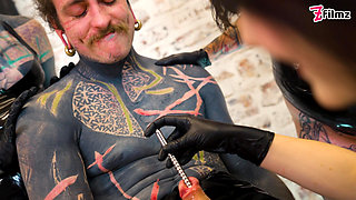 3 Latex Femdoms dominate Tattooed Slave - Sounding, Ureta Fingering, Dominatrix