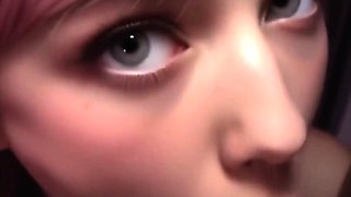 Pink haired girl mouth filled with cum in dim purple room