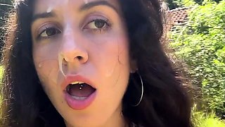 Walking with hot cum on my face on a public beach full of