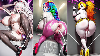 Colorfull Anime Bombschell in stockings and high-heels get cum from all sites and make dirty creampie