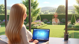 Elegant blonde boss  enjoys  pool with young gardener while husband away (AI generated)