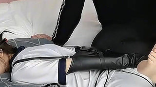 A Cute College Girlfriend Tries on the Restraints of a Leather Single Glove and Leather Ankle Shackles, Tickling Her Feet