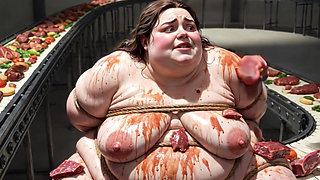 Humiliated BBW Slave Tied and Stuffing Her Belly Deep