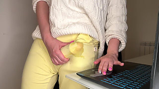 Stepson saw Stepmother’s Big Cumshot through pants in the office