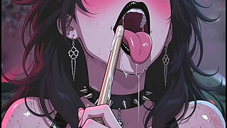 Dark anime woman in bar at billiards, rocker leather