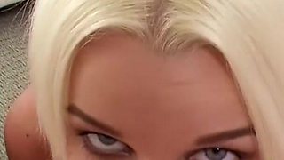 Sexy slim blonde Stevie Shae POV blowjob and cum swallow